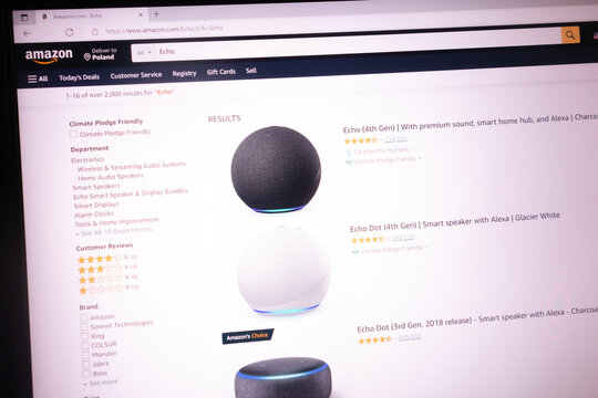 KONSKIE, POLAND - May 21, 2022: www.amazon.com/Echo website displayed on laptop. Amazon Echo, often shortened to Echo, is an American brand of smart speakers developed by Amazon