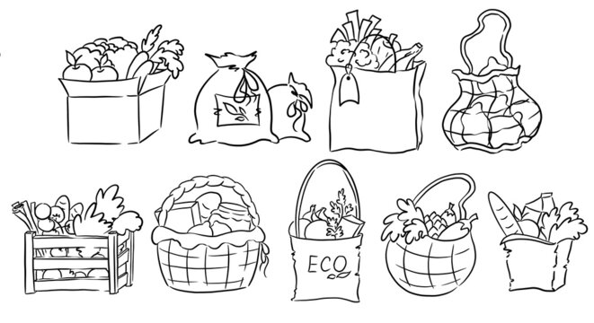 Farm organic fruit and vegetables in reusable paper packages, textile bag, basket, wooden box. Eco friendly shopping. Ecology concept. Contour and line art illustration set.