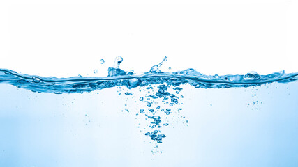 water splash on white background.Water flowing in waves and creating bubbles.