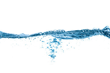 water splash on white background.Water flowing in waves and creating bubbles.