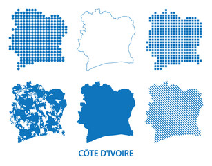 Cote d'Ivoire - map of Republic of the Ivory Coast in West Africa - vector set of silhouettes in different patterns