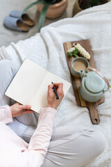 Female hands hold pen and personal diary with blank pages