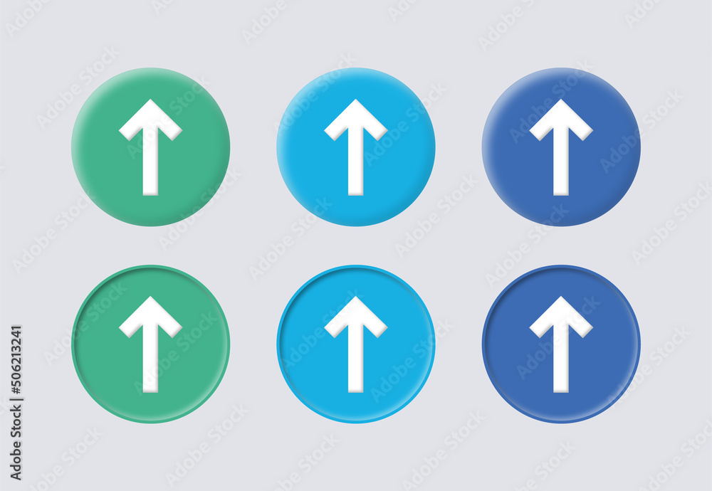Poster swipe up icon button 3d. Scroll arrow up icon sign - upload icon button, send, export icons - arrow up icon arrows direction icons buttons in colors, green, blue, colorful icon button
