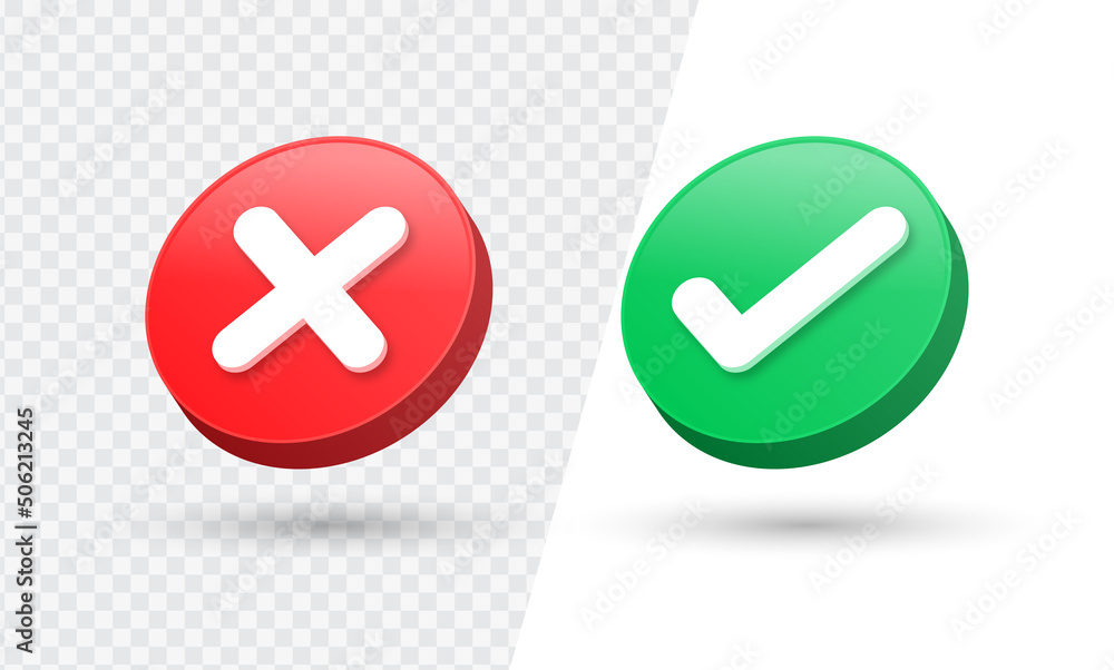 Aufkleber 3d checkmark icon button correct and incorrect sign or check mark box frame with green tick and red cross symbols - yes or no 3d icons buttons