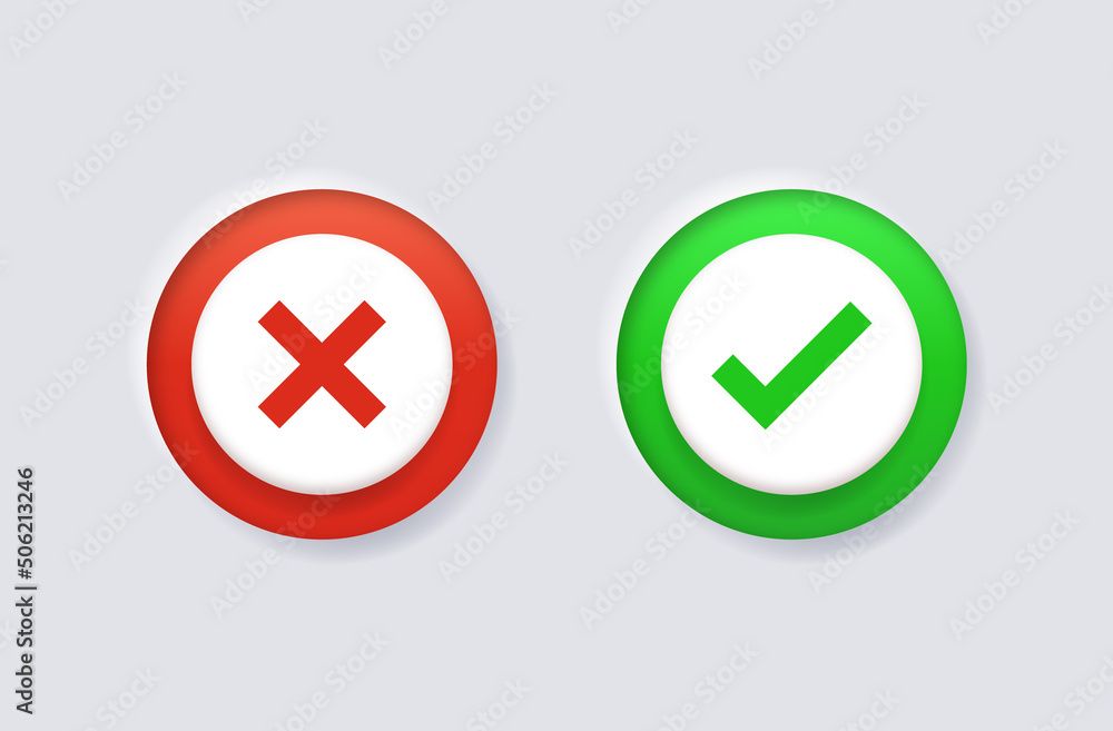 Aufkleber 3d checkmark icon button correct and incorrect sign or check mark box frame with green tick and red cross symbols - yes or no 3d icons buttons