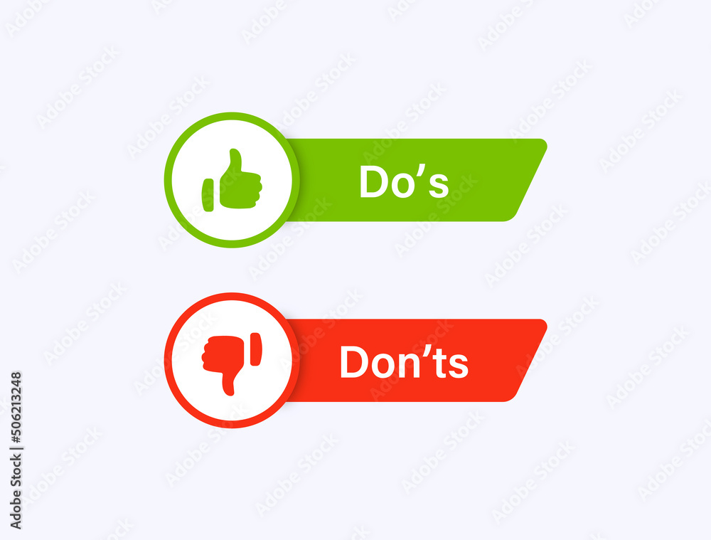Poster Dos and donts icons in line frame - thumbs up or thumb down label banner. Like or dislike - do's and don'ts frames - true or false - Dos and dont in outline frame