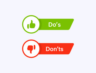 Dos and donts icons in line frame - thumbs up or thumb down label banner. Like or dislike - do's and don'ts frames - true or false - Dos and dont in outline frame - obrazy, fototapety, plakaty