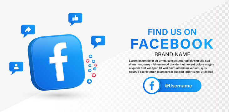 follow us on facebook 3d logo with social media notification icons in speech bubble, like, thumbs up , comment, share, icon, find us on social network platforms with facebook background - join us