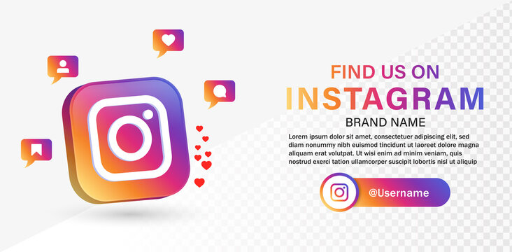 follow us on instagram 3d logo with social media notification icons in speech bubble, like, love, comment, follower, save icon, find us on social network platforms with instagram background - join us