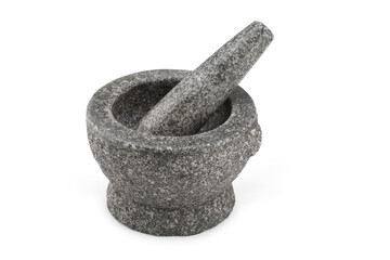 Stone mortar and pestle on white