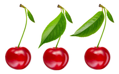 Cherry isolated. Cherries set with leaf on white background. Sour cherri collection with clipping path. Full depth of field.