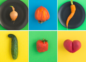 Collage of ugly fruit and vegetable on the colored  background. Top view.