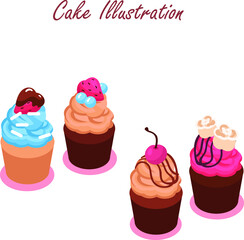 Cartoon cakes. Colorful delicious desserts, birthday cake with celebration candles and chocolate slices, holiday party decoration cupcakes vector set