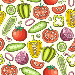 Seamless pattern with tomato, pepper and cucumber.
