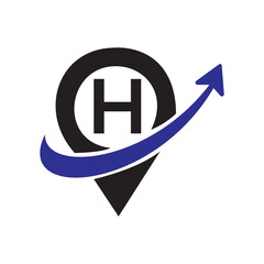 Geo tag outline location vector. H  latter logo illustration for mobile concept and web design, with arrow .