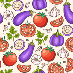 Seamless pattern with tomato and eggplants.