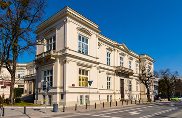 Fototapeta na wymiar Historic Palac Rembielinskiego Palace, known as Lesserow Palace or Poznanski Villa at Piekna street and Ujazdowskie Avenue in Srodmiescie district of Warsaw in Poland