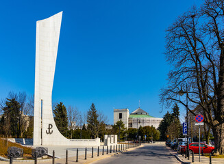 Monument to World War II Polish Underground State and Home Army in front of Sejm Chamber of Parliament in Srodmiescie Ujazdow district of Warsaw, Poland - obrazy, fototapety, plakaty