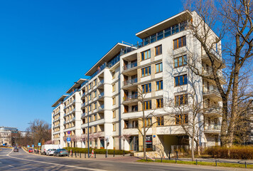 Prestigious residential complex in Srodmiescie Powisle downtown district of Warsaw in Poland - obrazy, fototapety, plakaty