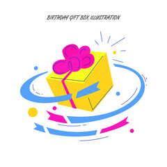 Confetti and balloons fly out of the box. People blow their whistles. Birthday concept. vector illustration in cartoon style. Giveaway text above with confetti explosion inside on colorful background