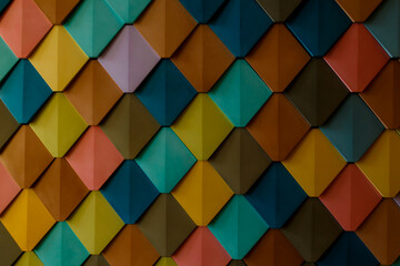 decorative background of colored triangles. Wooden panel with colorful triangle pattern for wall decoration. Wood texture for background. Coloured parquet floor with triangular pattern.