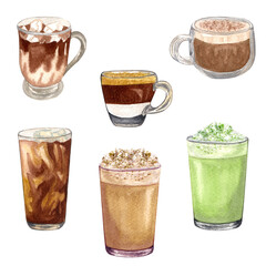 Watercolor coffee set with different hot drinks. latte, espresso, cappuccino, iced coffee, matcha latte, hot chocolate, caramele macciato isolated