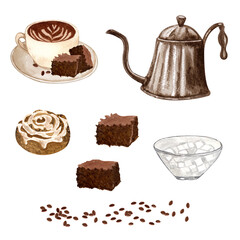 Watercolor coffee set. Coffee beans, vintage coffeemaker, candle, cinnamon. Hand drawn coffee elements. Breakfast aesthetics. cards, logo, menu, design.