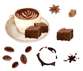 Watercolor coffee set with different hot drinks. latte, cappuccino, hot chocolate, caramel macciato with cinnamon and chocolate brownie isolated