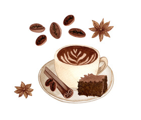 Watercolor coffee set with different hot drinks. latte, cappuccino, hot chocolate, caramel macciato with cinnamon and chocolate brownie isolated
