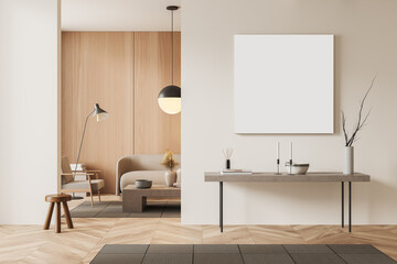 Chill room interior with seats and decoration, shelf with mockup frame © ImageFlow