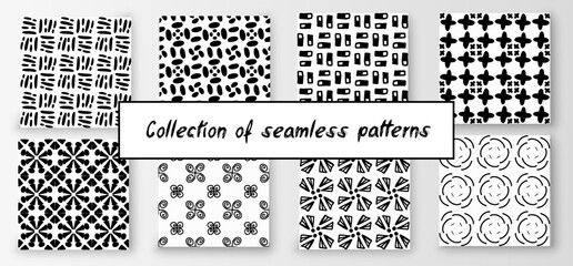Set of seamless abstract geometric hand-drawn patterns. Modern creative background