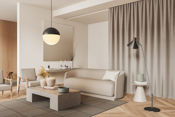 Plakat Corner view on bright living room interior with two armchairs
