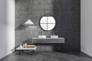 Grey bathroom interior with two sink and mirror, bathing accessories