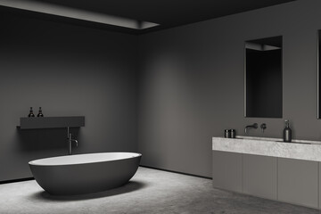 Fototapeta na wymiar Grey bathroom interior with bathtub and sink. Mockup empty wall
