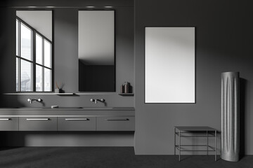 Grey bathroom interior with sink and panoramic window. Mockup frame