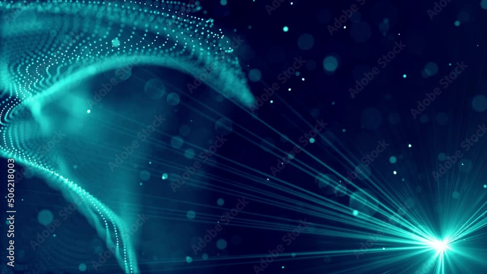 Poster abstract science blue shine blurry focus wavy flowing dotted lines particles with spark circle glitt