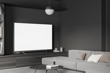 Living room interior with couch and tv set on drawer, mockup screen