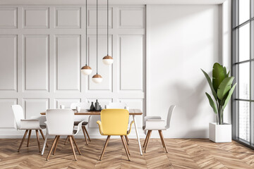 Front view on bright dining room interior with six chairs