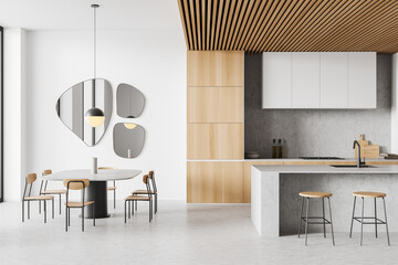 Modern kitchen interior with dining table and countertop, kitchenware - obrazy, fototapety, plakaty