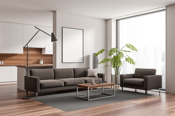 Kitchen interior with relax space near window, cooking space in studio. Mockup frame