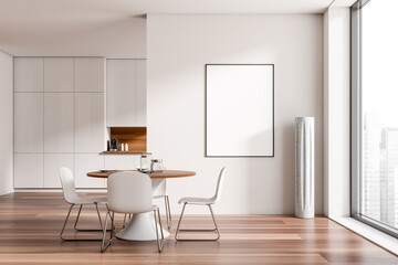 Light kitchen interior with table and chairs, panoramic window. Mockup frame