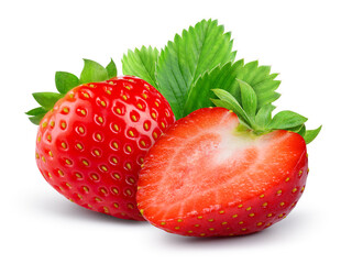 Strawberries isolated. Strawberry whole and a half on white background. Strawberry with slice and leaf. Full depth of field.