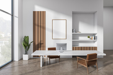 Front view on bright office interior with empty white poster