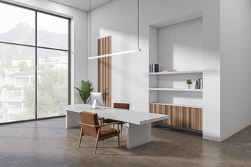 Light office interior with chairs and desk, shelf and panoramic window