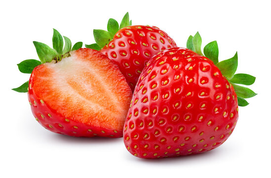 Strawberries isolated.&nbsp;Strawberry whole and a half on white background. Strawberry slice. With clipping path. Full depth of field.
