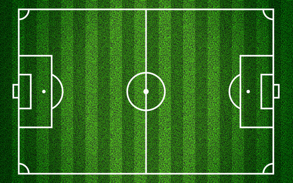 Realistic soccer field background top view with grass texture. Sport playground with white lines layout and turf pattern. Standard football stadium vector illustration. Match arena
