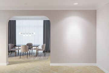 Modern interior in pastel colors with a blank illuminated wall near the arch through which you can see the dining room with table and chairs by the window with gray curtains. Front view. 3d render