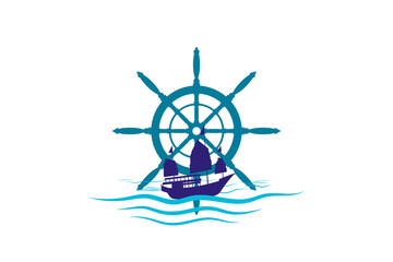 World Maritime Day with Boat and Ship Wheel or Steering Symbol.