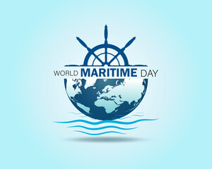 World Maritime Day with World map and Ship Wheel Symbol.