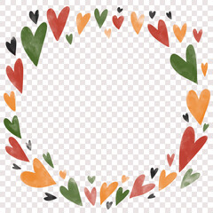 Round frame hand drawn hearts in color of Pan African flag - red, green, black, yellow. Watercolor textured hearts in circle isolated on transparent background. Design template for Juneteenth, Kwanzaa